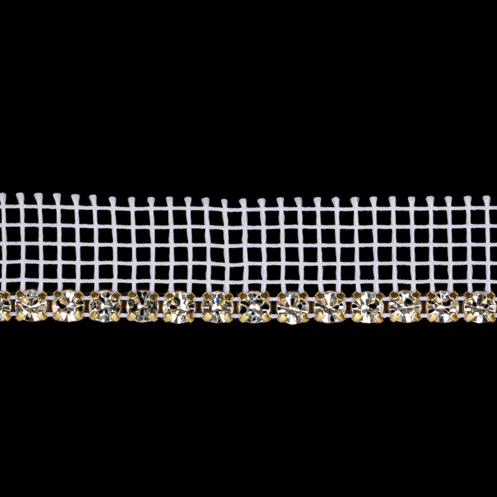 Vintage Czech Crystal and Gold 1 Row Circular Rhinestones on White Mesh Trimming - 0.75