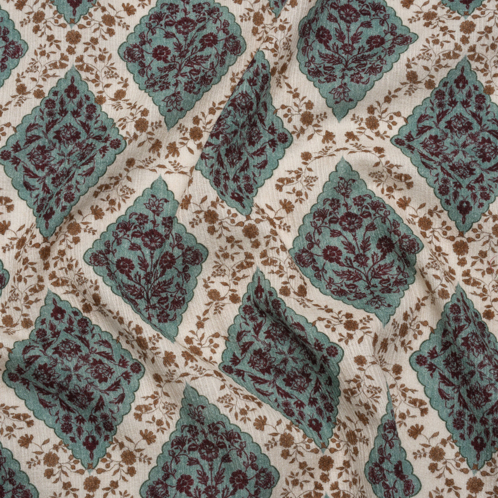 Slubbed Gauzy Cotton Woven - Cream, Dusty Teal and Burgundy Floral Diamonds - Mood Exclusive Garden Grid Print - Joann Fabrics