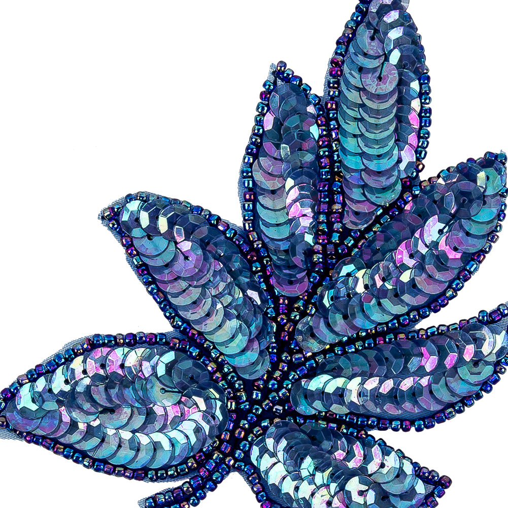 Vintage Royal Blue Iris Sequins and Blue-lined Beaded Leaf Applique - 4