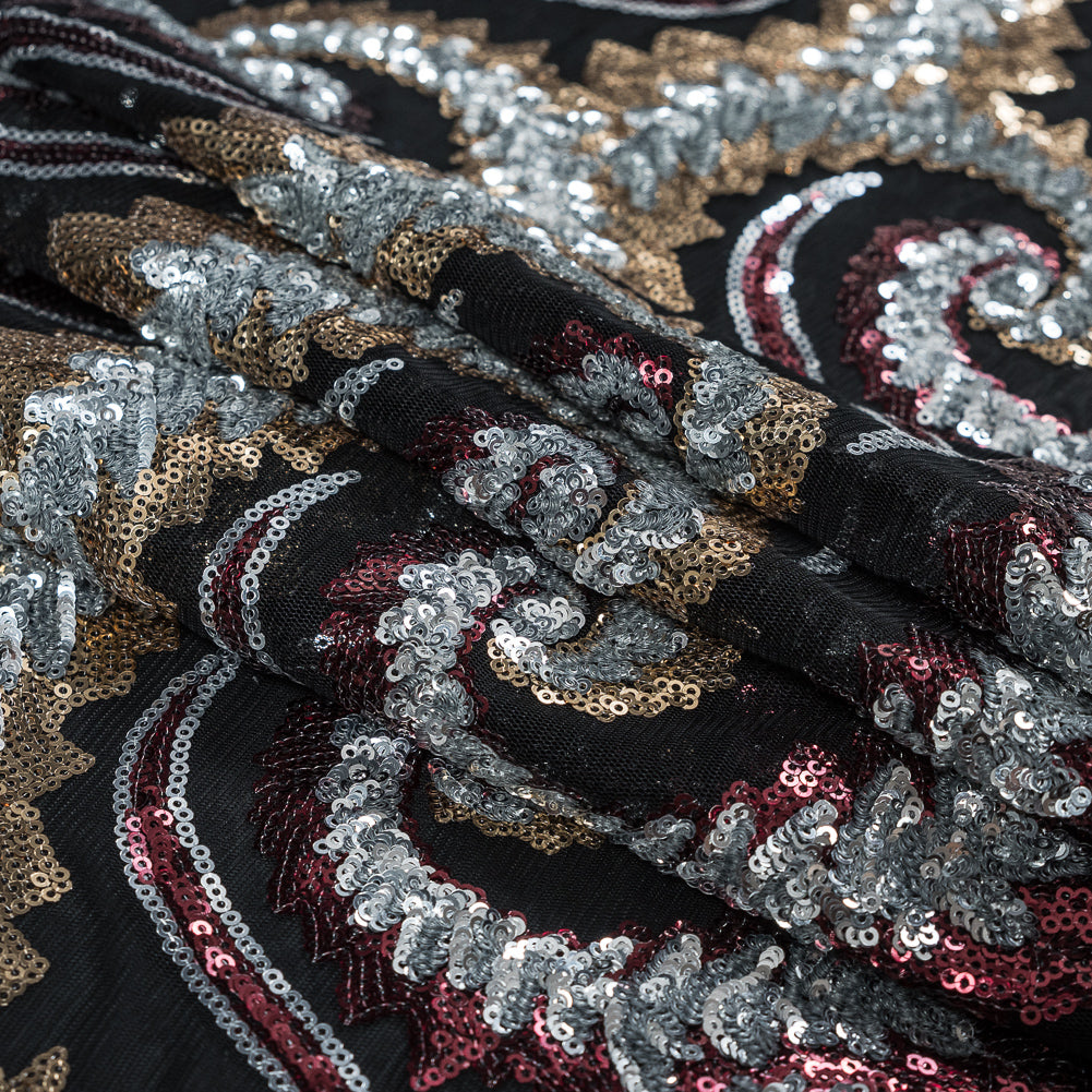 Netting with Sequins - Red, Silver and Gold Paisleys on Black - Joann Fabrics