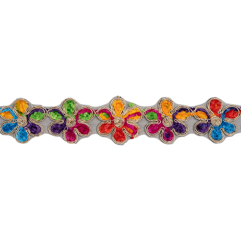 Yaya Han Chenille Embroidered Trim - Metallic Gold and Multicolor Flowers, 1.5