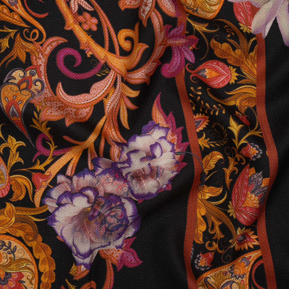 Silk Diagonal Basketweave Dobby Print Made in Italy - Purple, Orange and Black Ornate Paisleys and Palm Leaves - Deadstock - Joann Fabrics