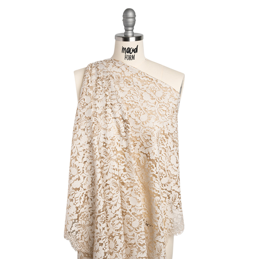 Cotton Blend Raschel Lace Panel with Finished Edges - Linen Beige and White Flowers and Leaves - Joann Fabrics