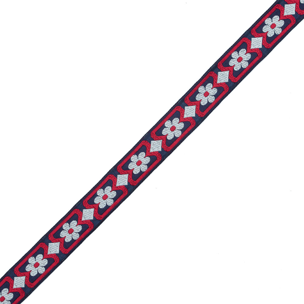 Red, White and Blue Floral German Jacquard Ribbon - 1