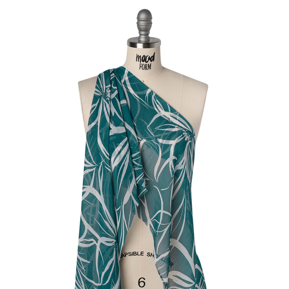 Crinkled Polyester Chiffon Print - Teal and White Floral Linework - Designer Deadstock - Joann Fabrics