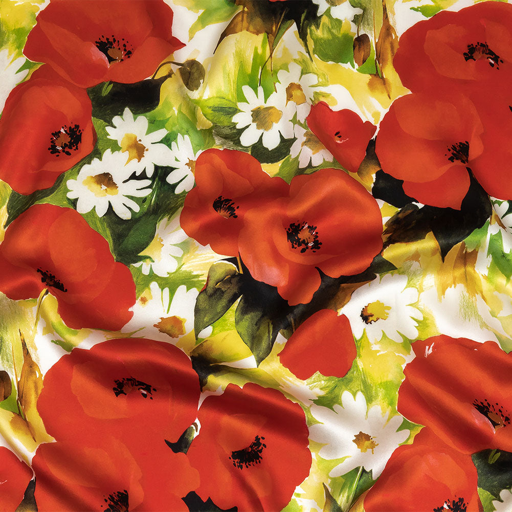 Mood Exclusive Italian Red, Yellow and Green Poppies and Daisies Silk Charmeuse - Joann Fabrics