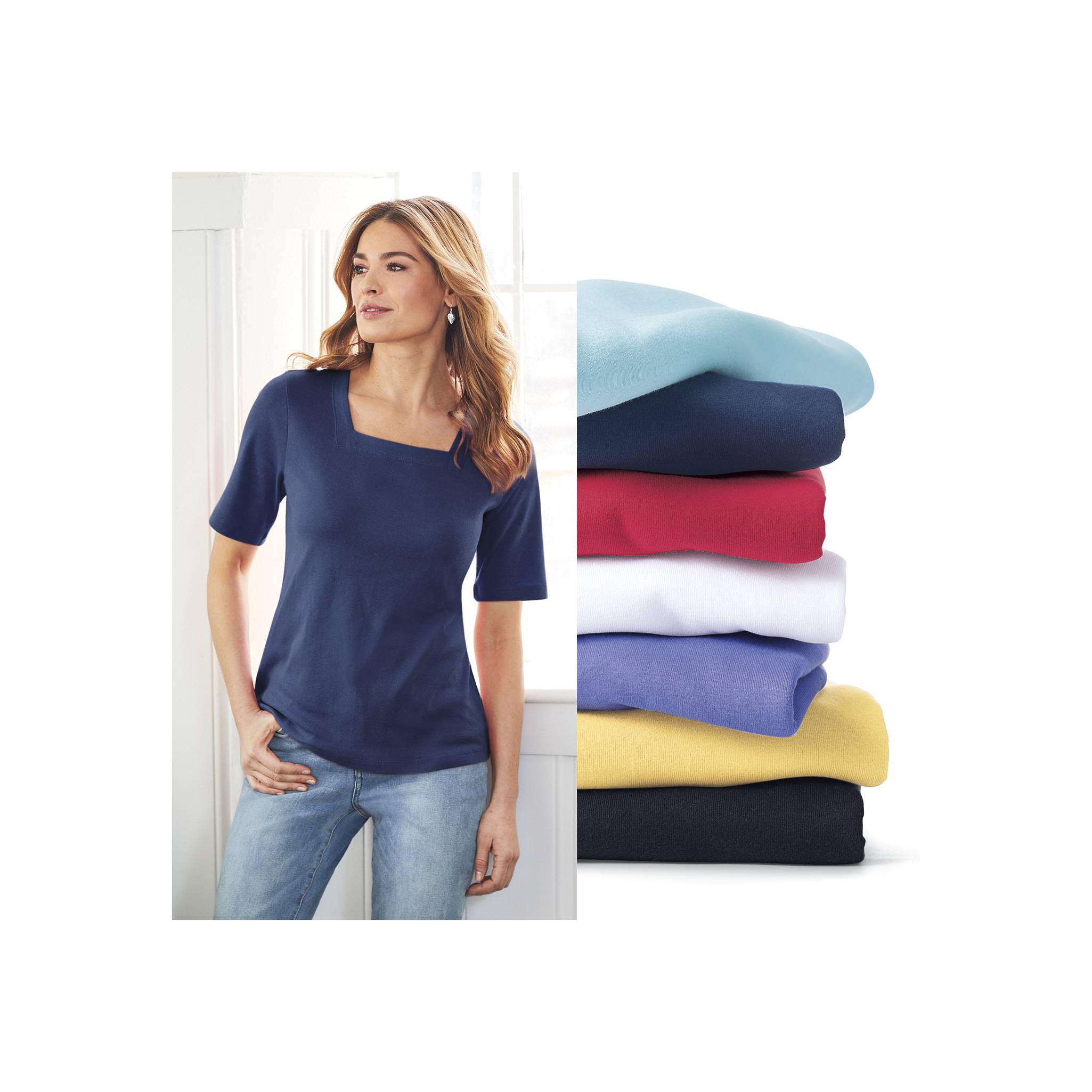 Cotton Square-Neck Top, Ribknit, Elbow-Length Sleeves - Northstyle Catalog