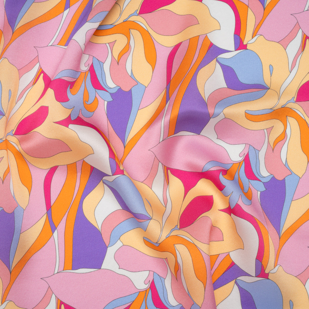 Silk Charmeuse Print 16MM, Made in Italy - Pink, Purple and Pastel Yellow Retro Lily Florals - Joann Fabrics