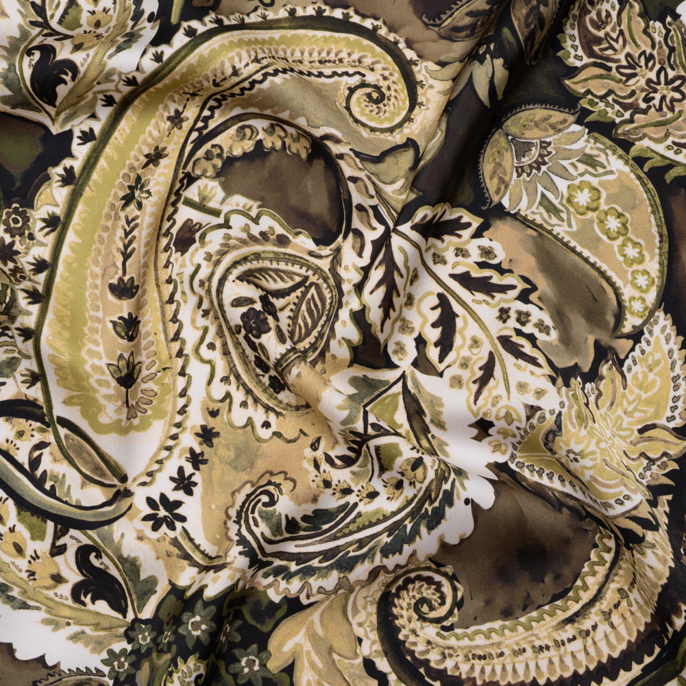 Polyester Satin - Brown, Beige and Olive Green Paisley - Mood Exclusive Drifting Dream Print - Joann Fabrics