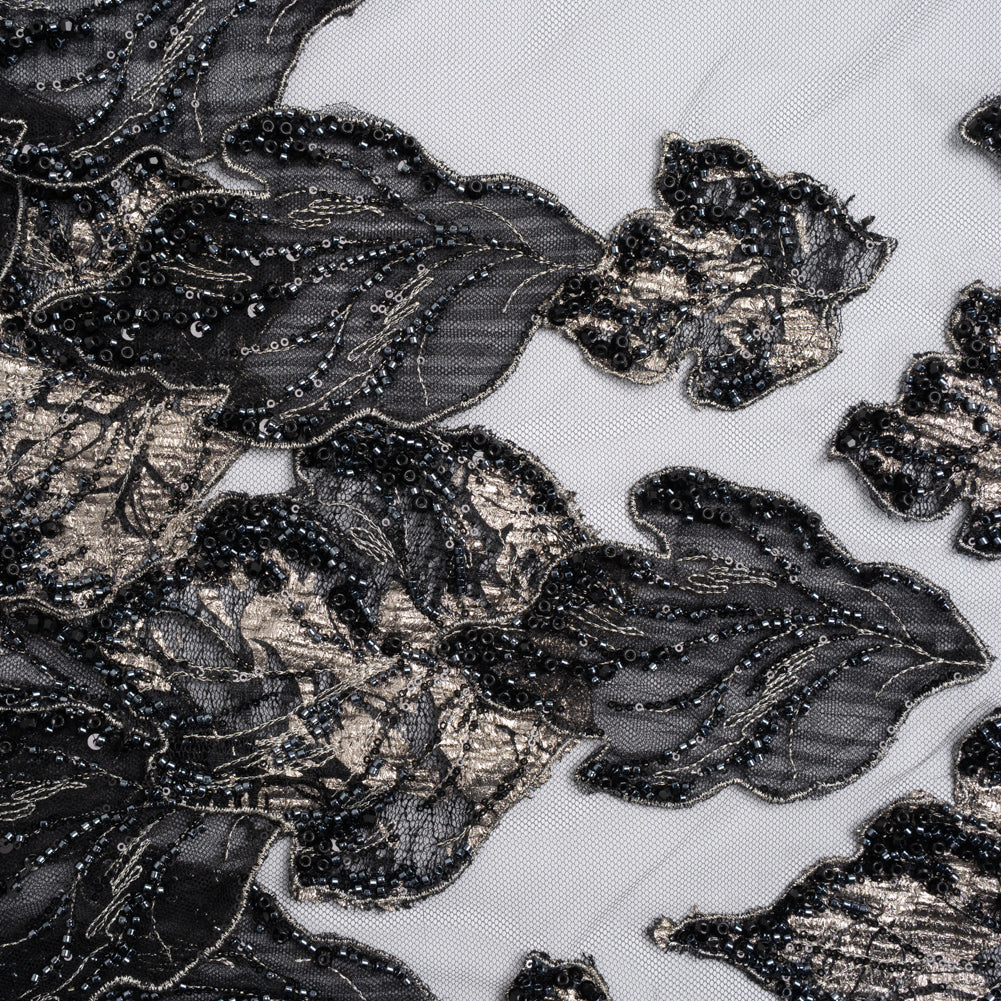 Embroidered and Beaded 3D Applique Tulle - Black, Silver and Navy Blue Luminous Leaves - Joann Fabrics