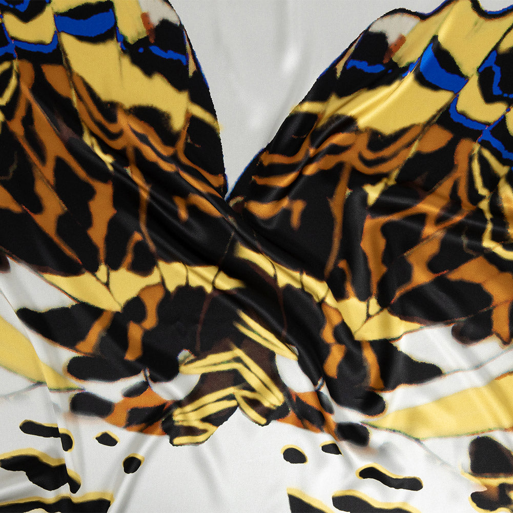 Mood Exclusive Italian White, Yellow and Royal Large-Scale Butterfly Digitally Printed Silk Charmeuse - Joann Fabrics