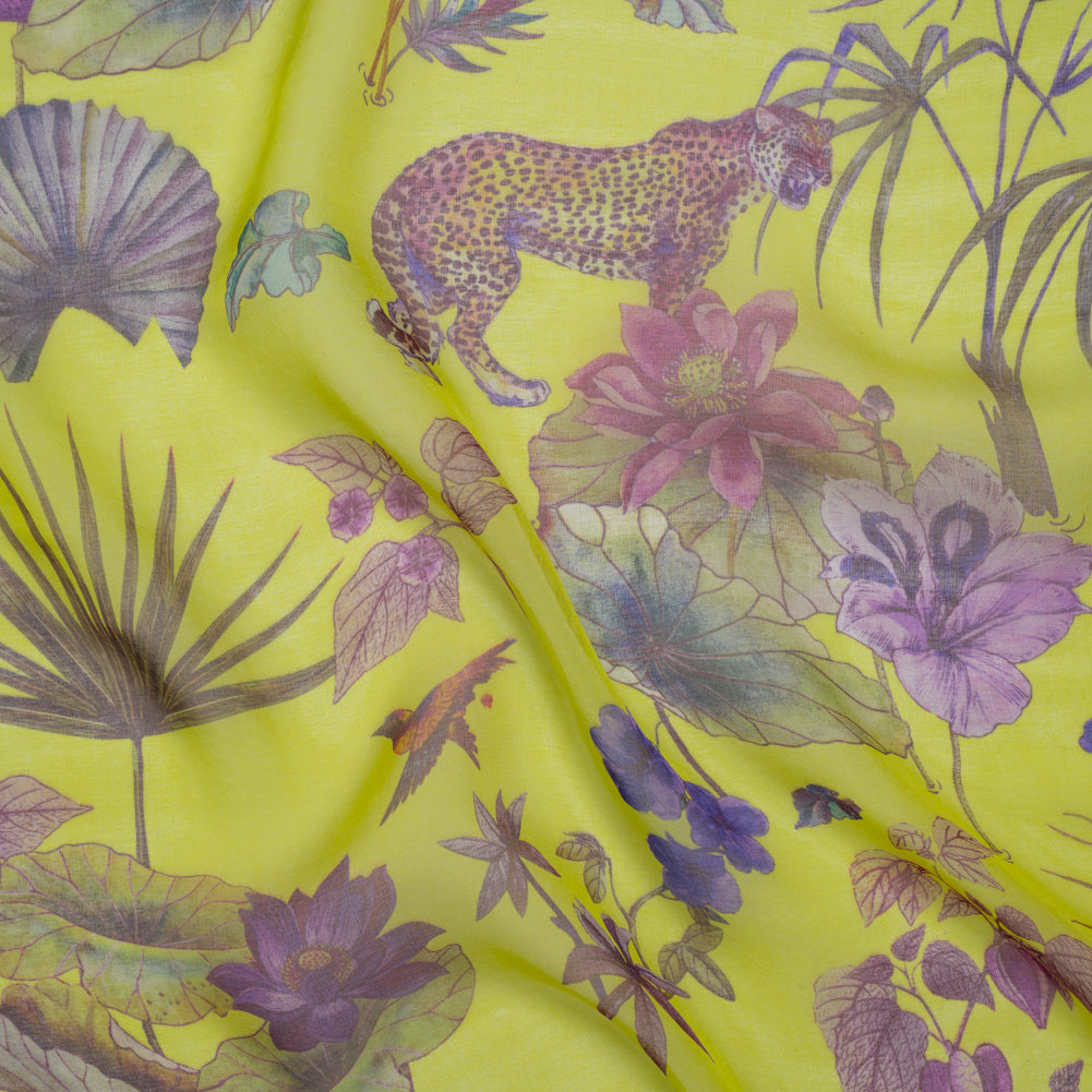 Silk Voile Print Made in Italy - Chartreuse Green, Purple and Blue Tropical Flora and Fauna - Deadstock - Joann Fabrics