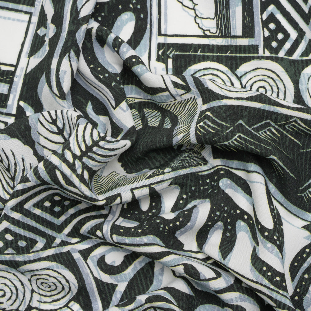 Viscose Woven Print - Black, White and Pale Blue Leaf and Geometric Patchwork - Mood Exclusive Mahiole of Maui - Joann Fabrics