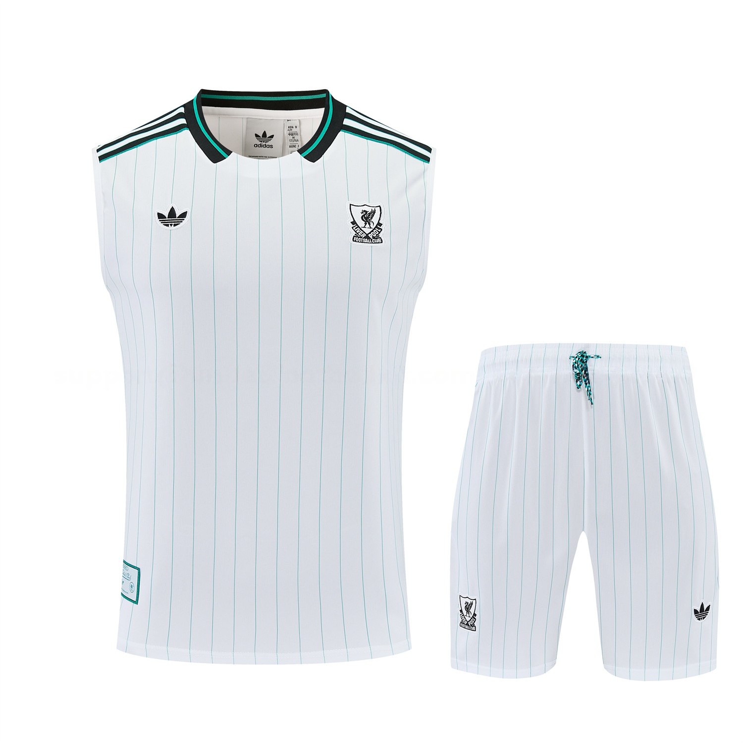Liver.pool 25-26 Retro Style Vest Training Set - White With Green Stripes Top & Pants - UnitedFutballJersey