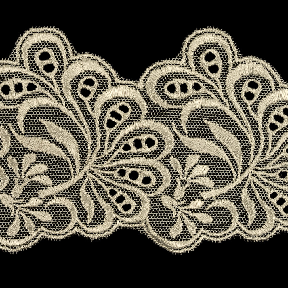 Pristine Ivory Luminous Leafy Stems Embroidered and Eyelet Lace Trim - 3