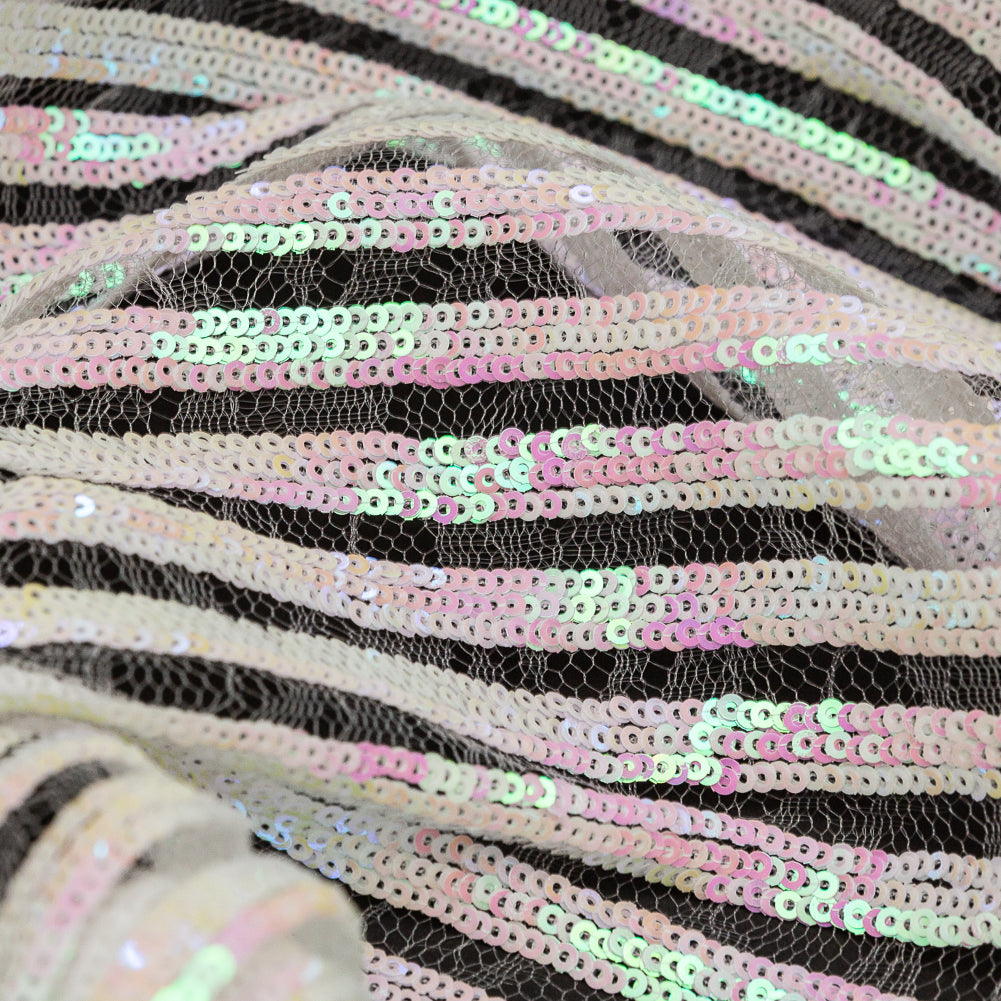 Netting with Baby Sequins - Flamingo Pink and Green Iridescent Stripes on White - Joann Fabrics
