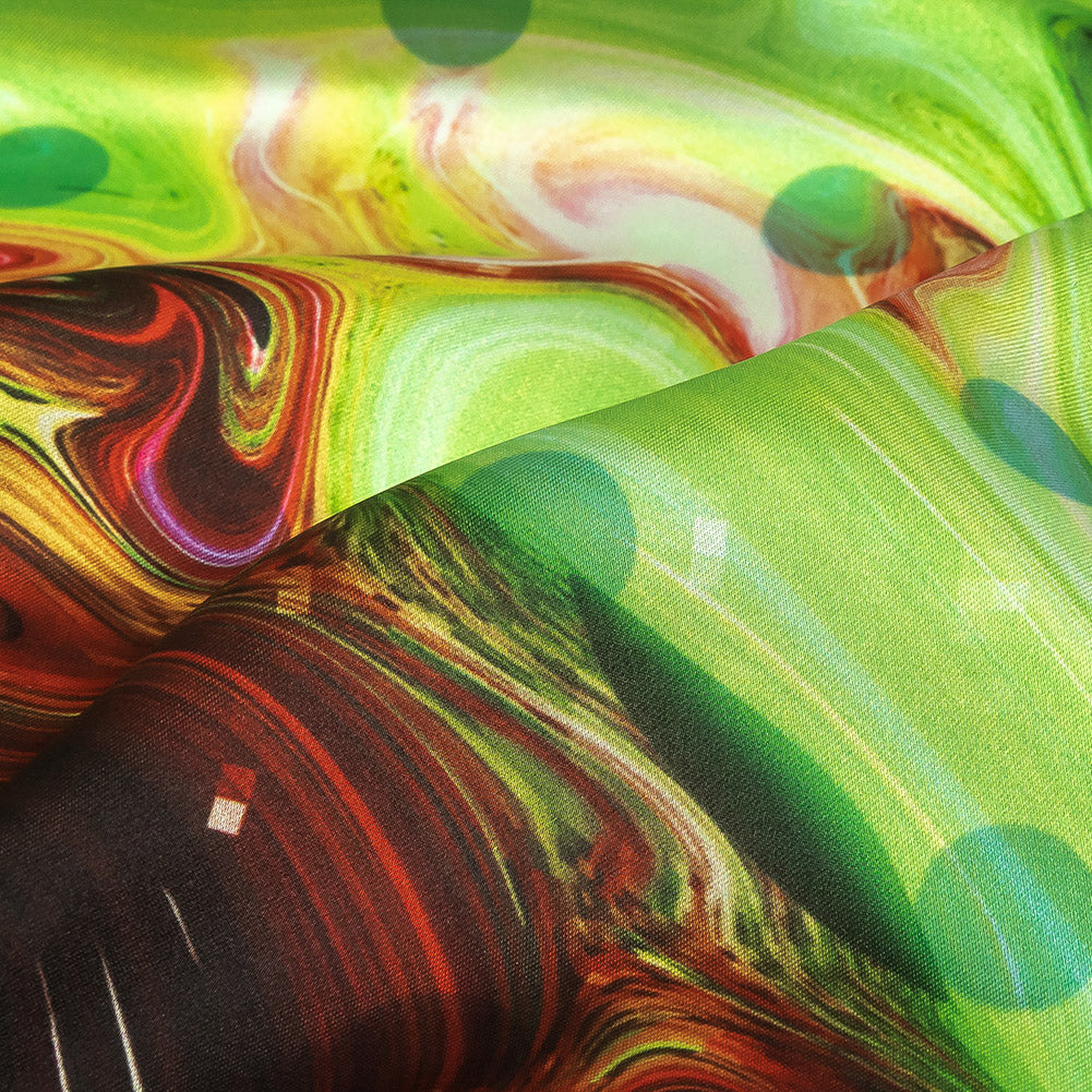 Polyester Charmeuse Print - Lime Green, Pink and Brown Abstract Swirls and Polka Dots - Mood Exclusive Interstellar - Joann Fabrics