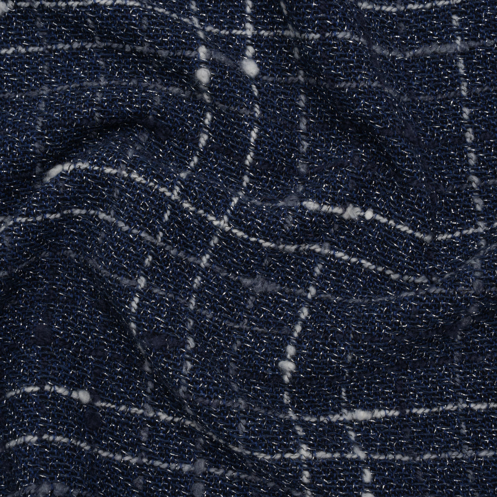 Metallic Wool Blend Tweedy Twill Boucle Made in Italy - Navy Blue, White and Silver Plaid - Deadstock - Joann Fabrics