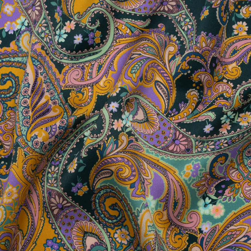 Silk Charmeuse Print 16MM, Made in Italy - Marigold Yellow, Light Purple and Mint Green Fancy Paisley - Joann Fabrics