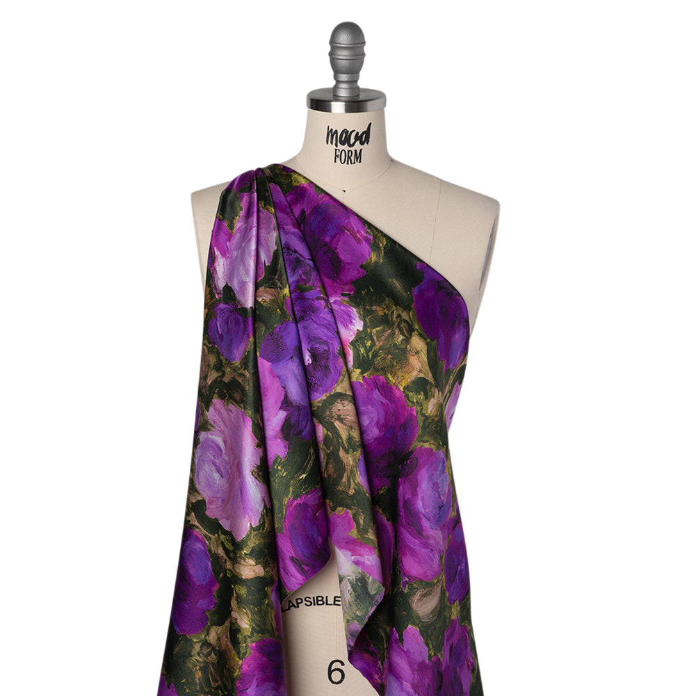 Silk Charmeuse Print 16MM, Made in Italy - Forest Green and Royal Purple Painted Roses - Joann Fabrics