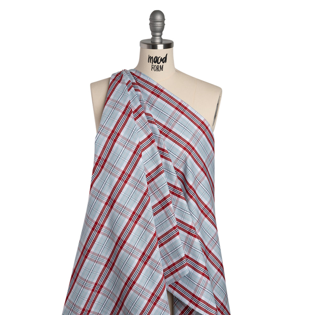 Cotton Oxford Shirting - Sky Blue, Red and White Plaid - Deadstock - Joann Fabrics