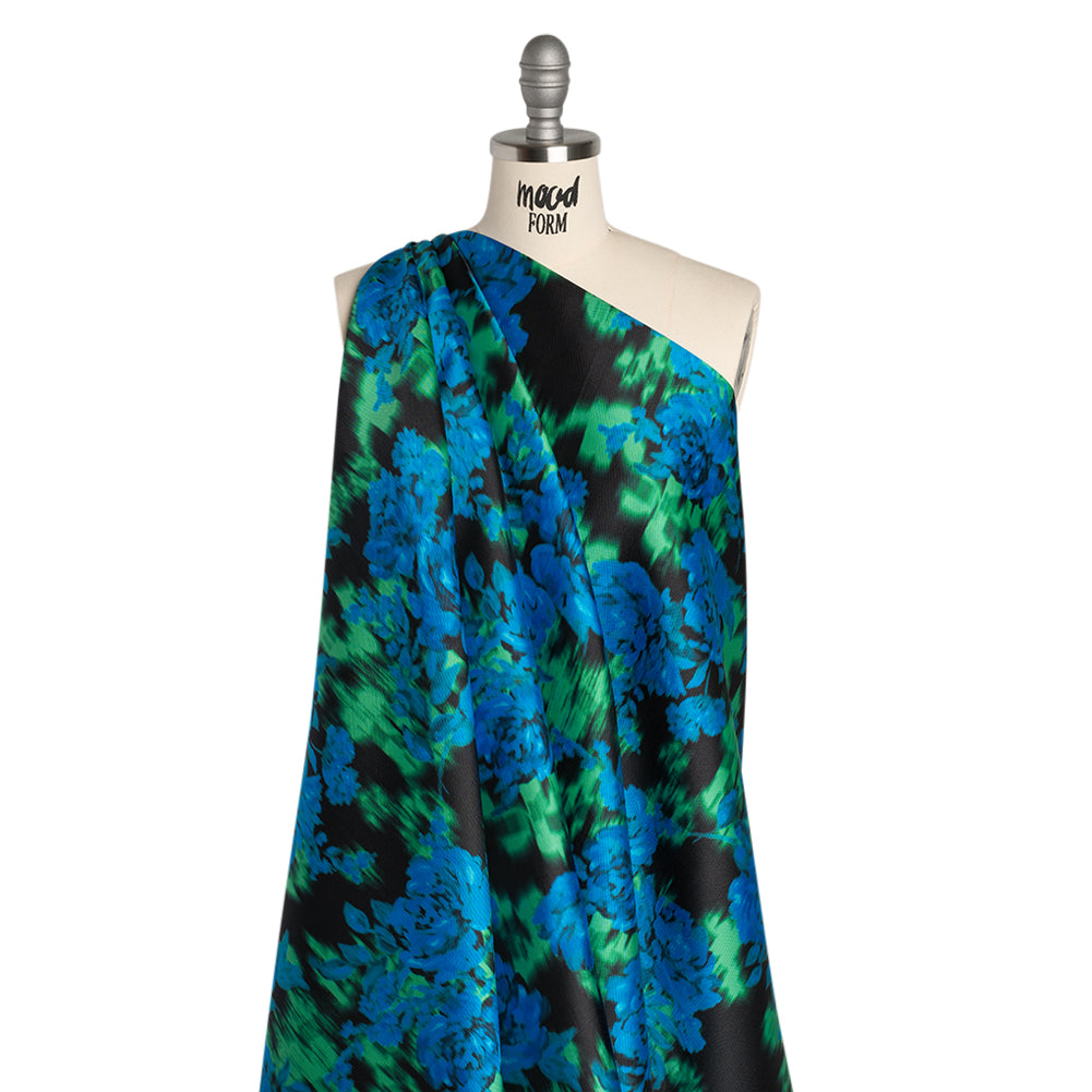 Polyester Mikado - Blue, Green and Black Ikat Roses - Mood Exclusive Echoed Illusions Print - Joann Fabrics