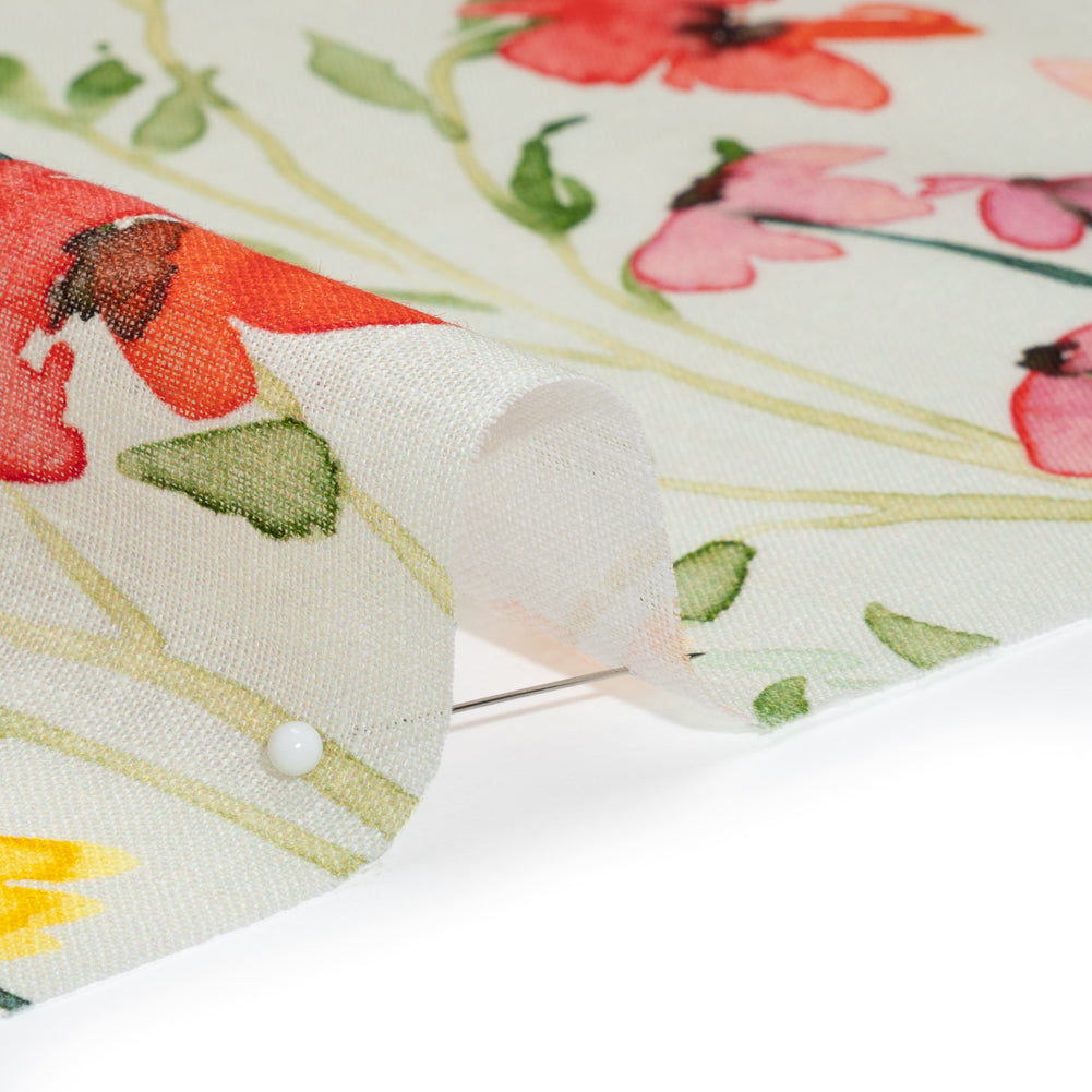 Lightweight Linen Woven - Yellow, Red and Green Watercolor Floral Trails on Ivory - Joann Fabrics