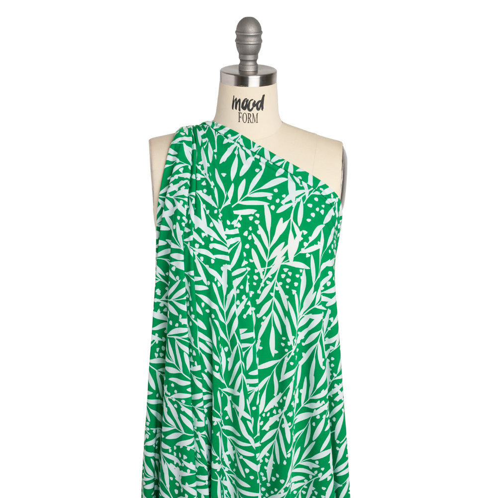 Stretch Polyester Tricot - Kelly Green and White Leafy Stems - Designer Deadstock - Joann Fabrics