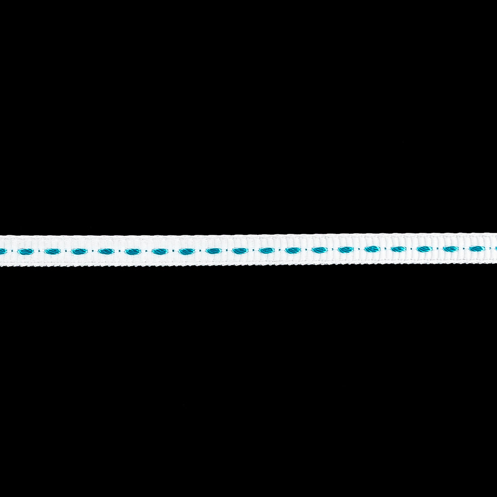 White Grosgrain Ribbon with Turquoise Stitching - 0.25