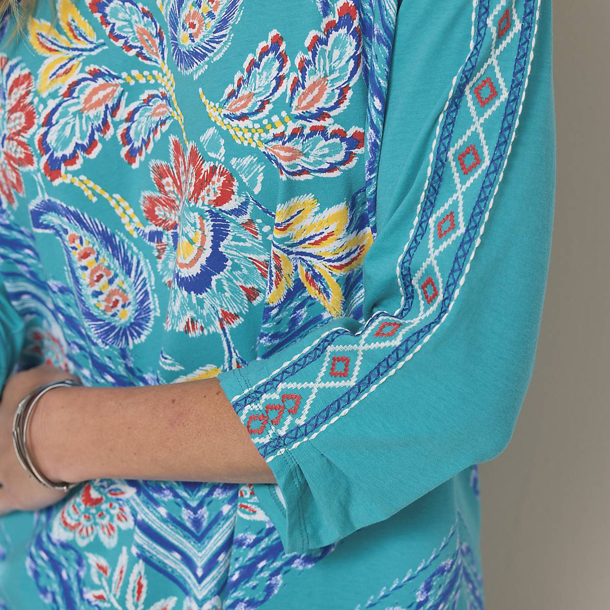 Paisley Floral Print Top, V-Neck, Embroidered 3/4 Sleeves - Northstyle Catalog