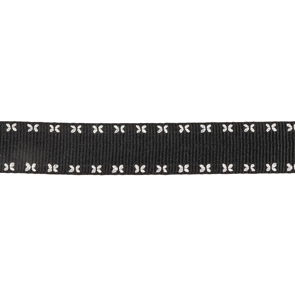 Black Onyx Grosgrain Ribbon with Blanc de Blanc Stitched Floral Borders - 0.625
