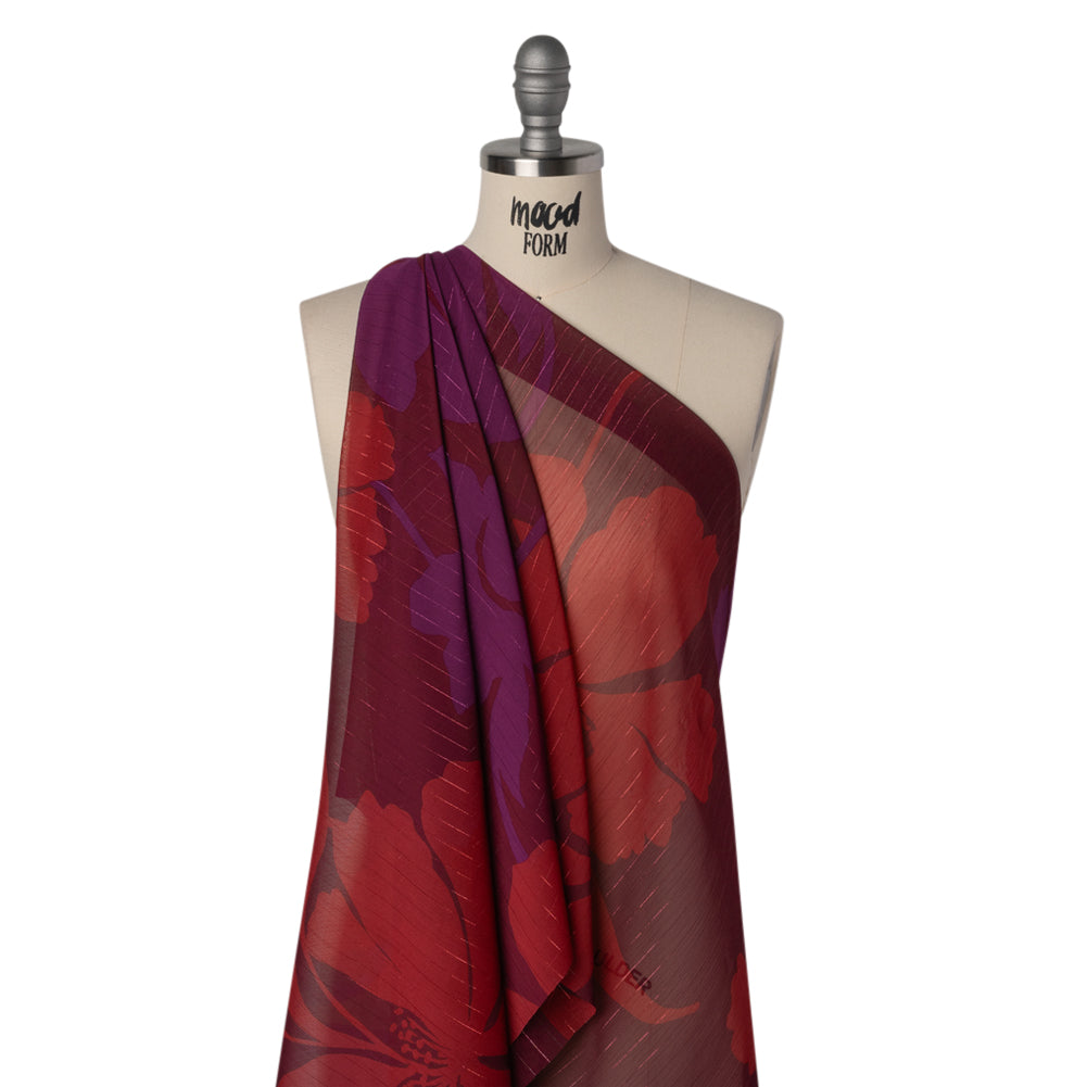 Crinkled Polyester Chiffon Print with Metallic Pinstripes - Burgundy, Brick Red and Plum Floral - Designer Deadstock - Joann Fabrics