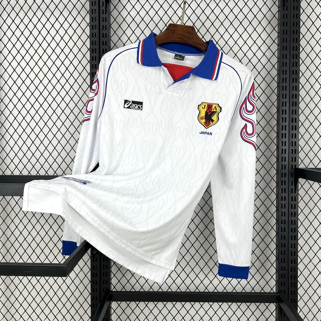 1998 Retro Japan Away Long Sleeve with white body, blue collar and outlined arm flames