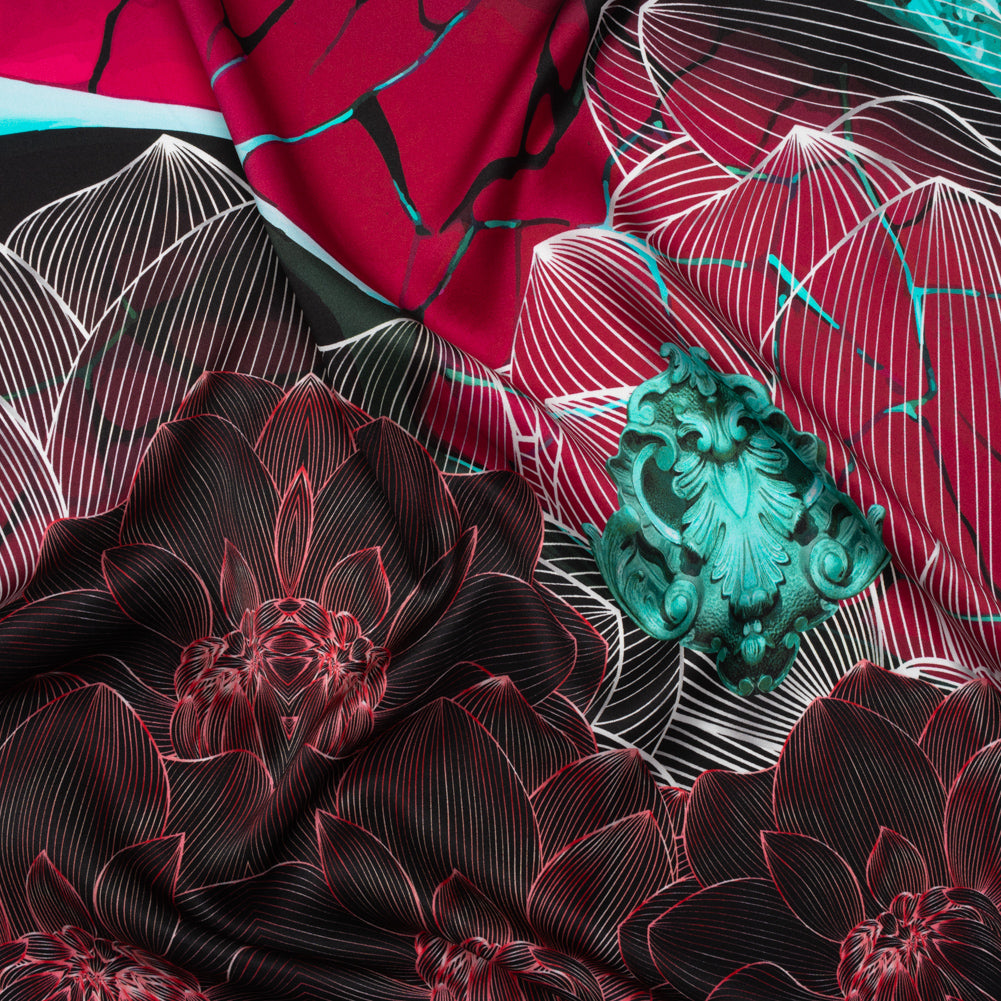 Silk Charmeuse Panel 16MM, Made in Italy - Dark Berry Pink, Coppy Oxide Green and Black Linework Flowers and Gemstones - Joann Fabrics