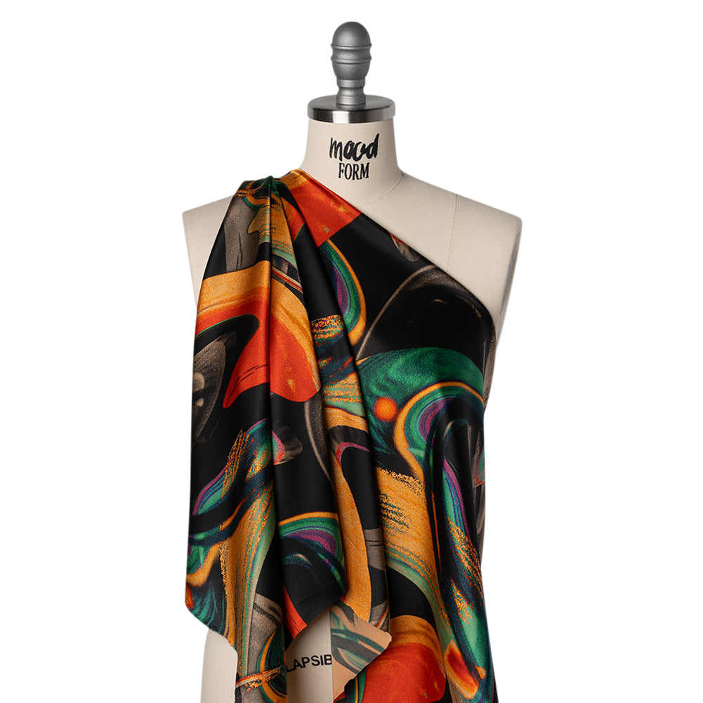 Stretch Silk Charmeuse Print - Black, Green and Orange Celestial Swooshes - Deadstock - Joann Fabrics