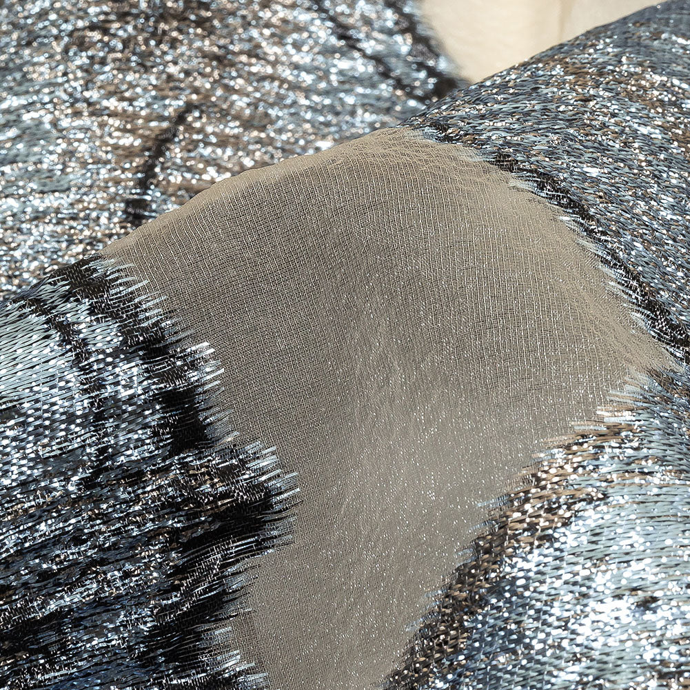 Metallic Silver, Black and Sky Blue Oversized Flowers Luxury Burnout Brocade - Joann Fabrics