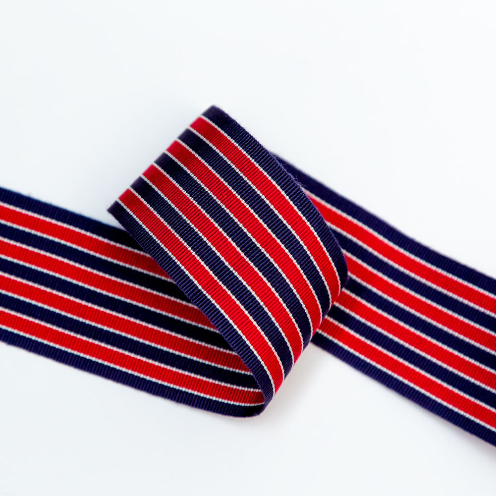 Navy, Red and White Striped Grosgrain Ribbon - 1.625