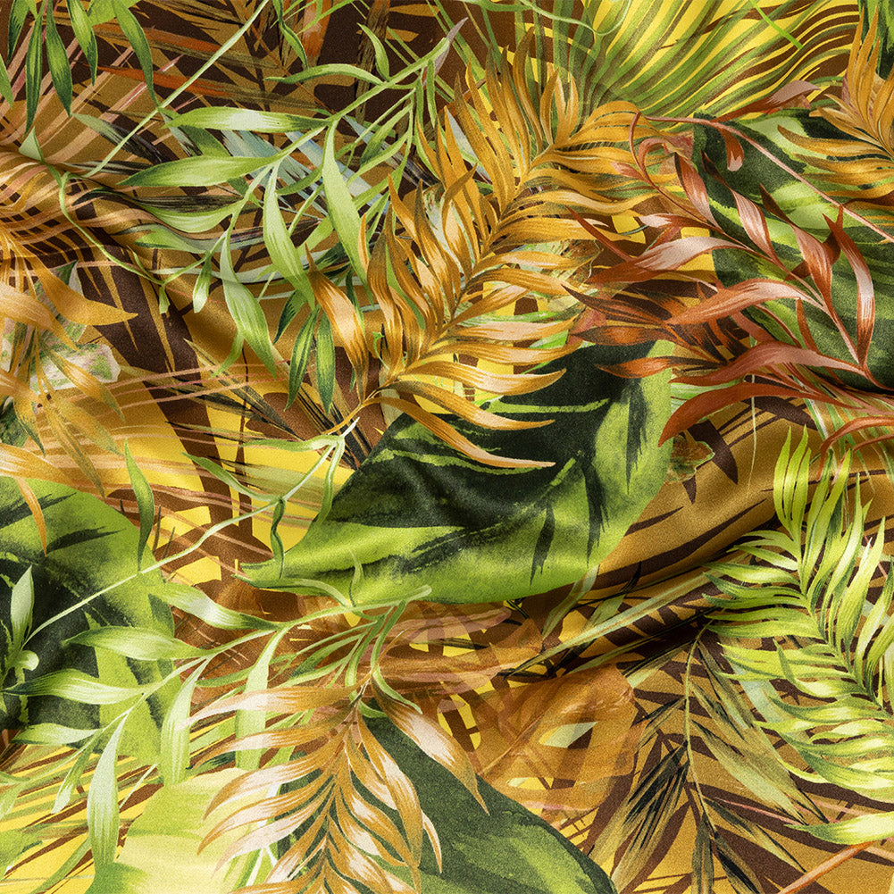 Mood Exclusive Italian Green and Mustard Ferns and Foliage Digitally Printed Silk Charmeuse - Joann Fabrics