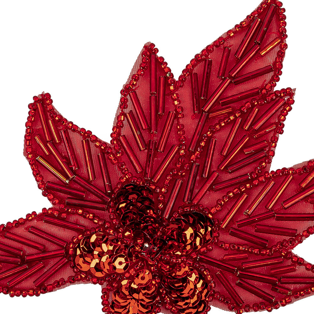 Vintage Red Sequins and Red-lined Bugle Beaded Floral Applique with Rhinestone Center - 4