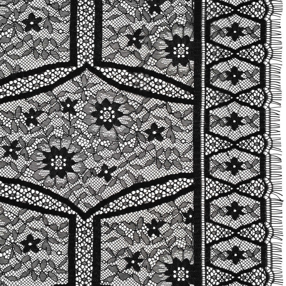 Raschel Lace Panel with Finished Edges - Black Geometric and Floral - Joann Fabrics