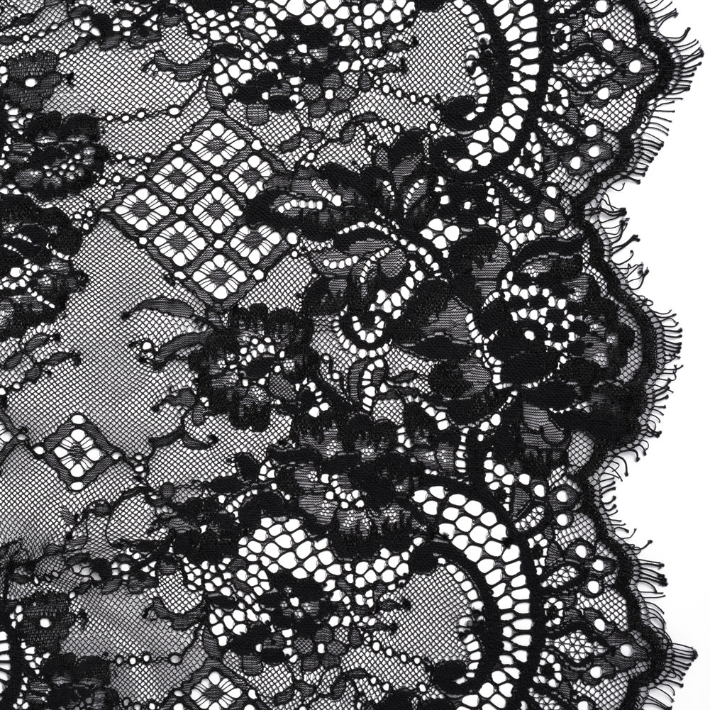Luminous Re-Embroidered Lace with Finished Scalloped Edges - Black Floral and Diamond Lattices - Joann Fabrics