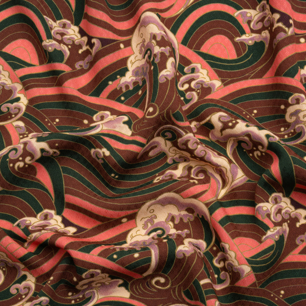 Sustainable Viscose Floral Jacquard Print - Pink, Green and Brown Striped Waves - Mood Exclusive Hokusai Hymnal - Joann Fabrics