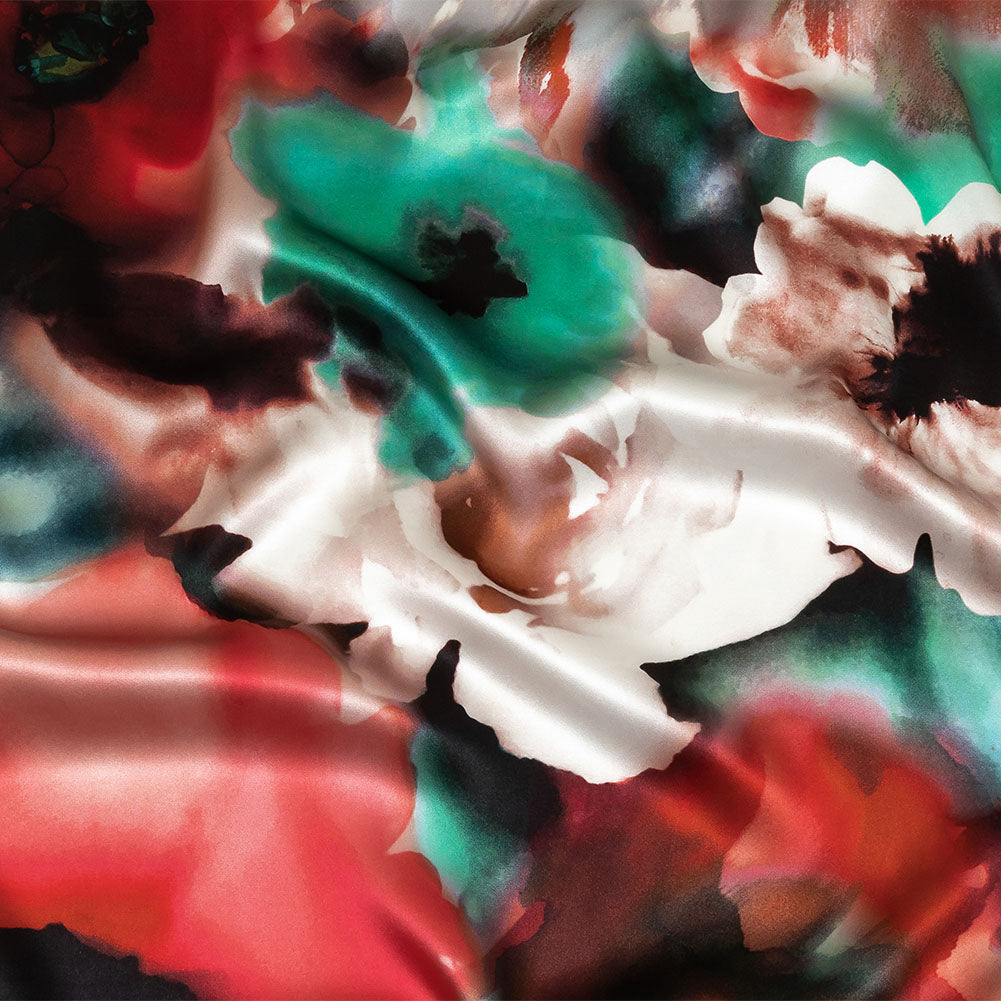 Mood Exclusive Italian Red, Turquoise and White Watercolor Floral Silk Charmeuse - Joann Fabrics
