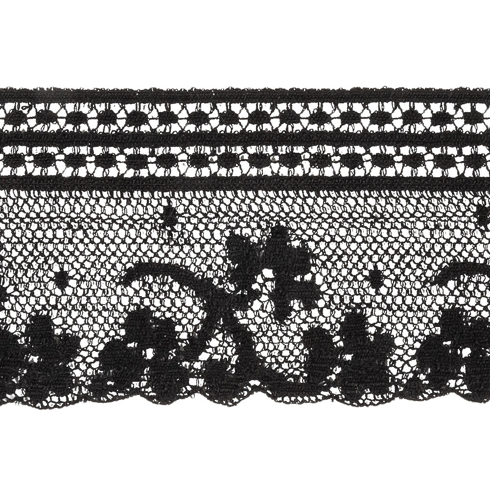 Black Floral and Geometric Cotton Lace Trim - 2.25