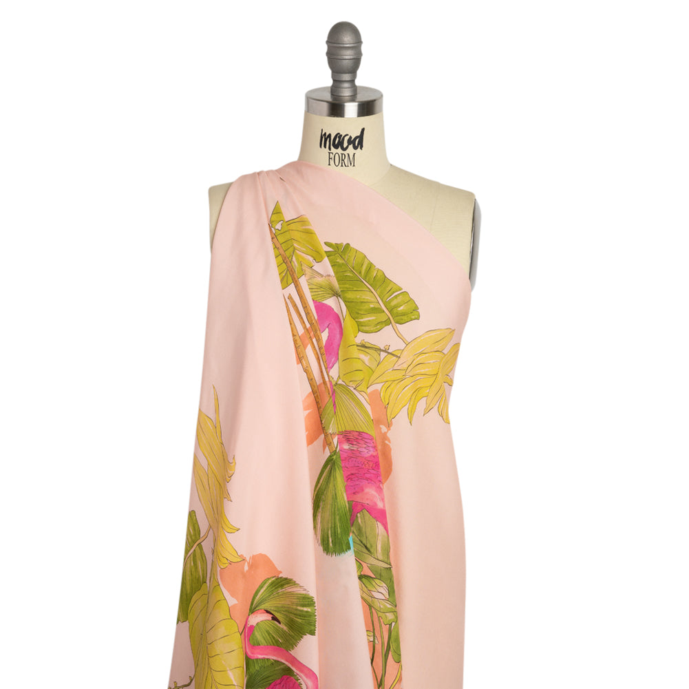 Sustainable Viscose Woven Print - Peach Flamingos and Leaves - Mood Exclusive Forever Everglades - Joann Fabrics
