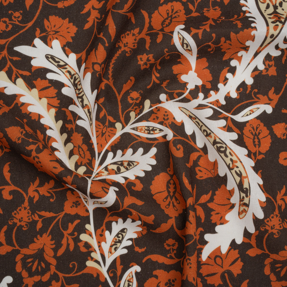 Linen and Rayon Woven - Dark Brown, Pumpkin Orange and White Paisley and Floral Vines - Mood Exclusive Blooming Boogie Print - Joann Fabrics