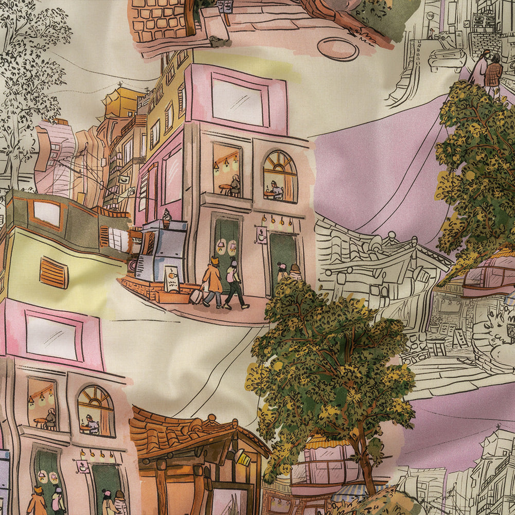 Cotton Voile - Multicolor Streetscapes and Trees - Growing Roots Print - Mood Exclusive Wisteria Collection - Joann Fabrics