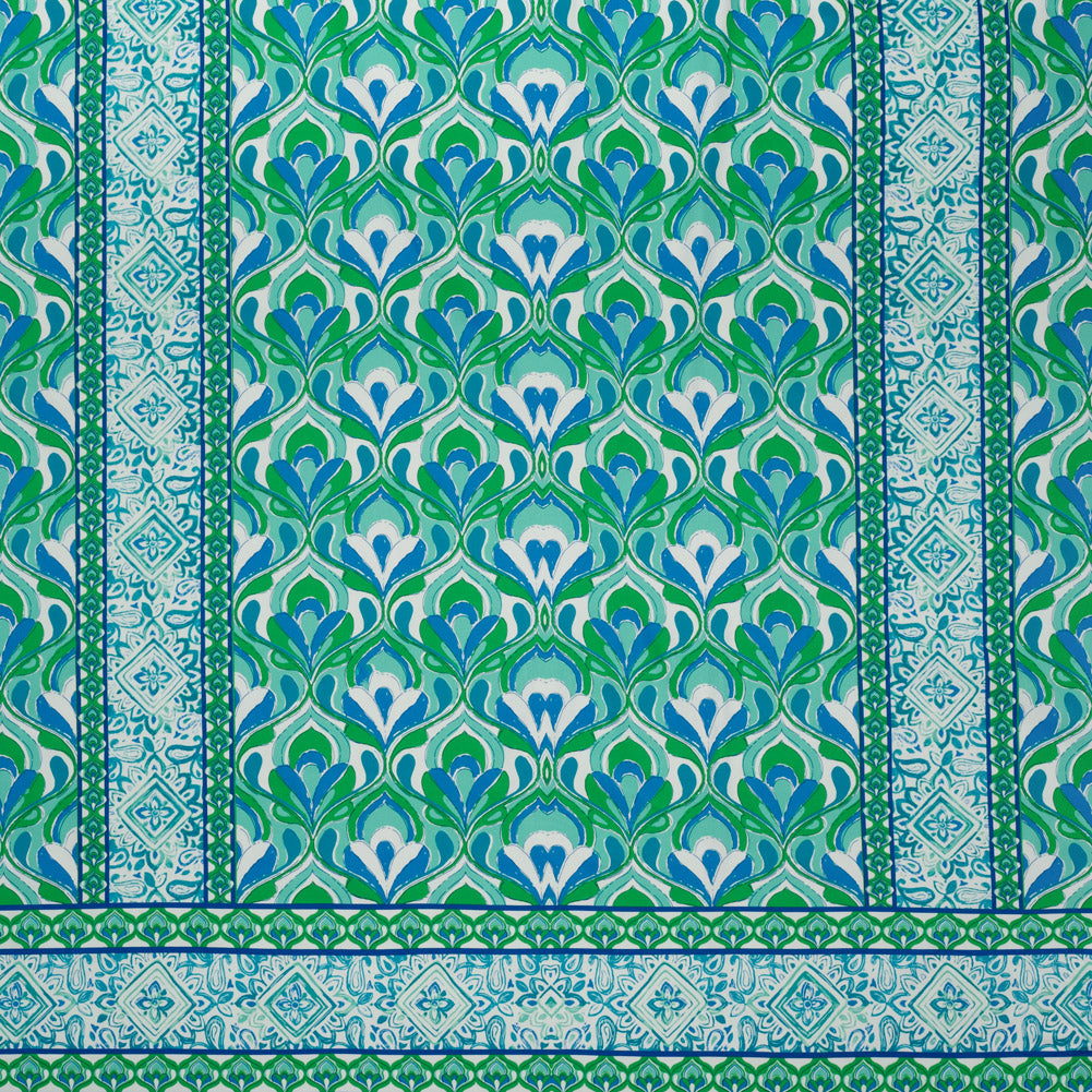 Stretch Cotton Sateen Panel - Blue and Green Floral Ogees and Paisley Stripes - Designer Deadstock - Joann Fabrics