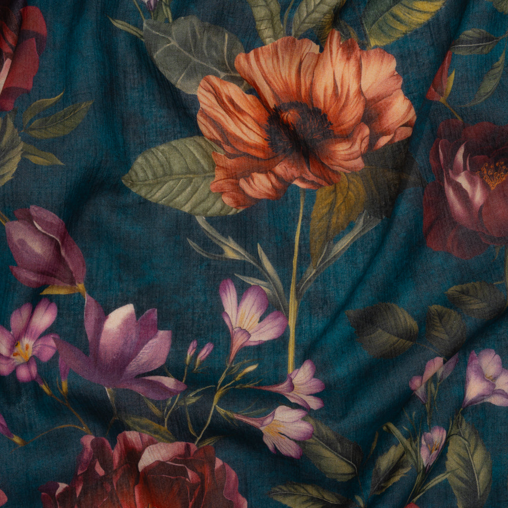 Crinkled Cotton Gauzy Woven - Dark Cobalt, Wine Red and Green Floral - Mood Exclusive Romantic Nights Print - Joann Fabrics