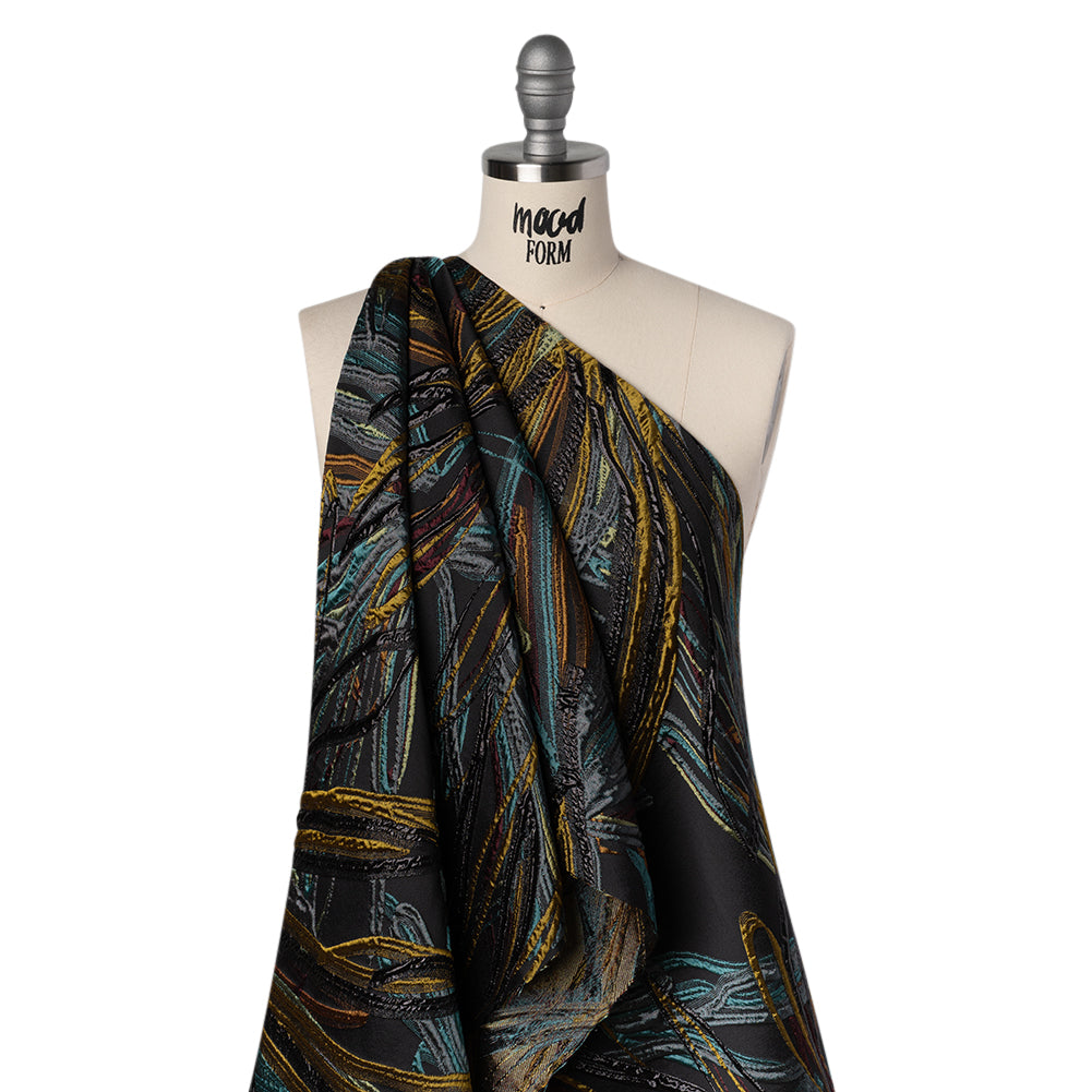 Metallic Polyester and Acetate Brocade - Dusty Teal, Mustard Yellow and Black Bunches of Leaves - Joann Fabrics